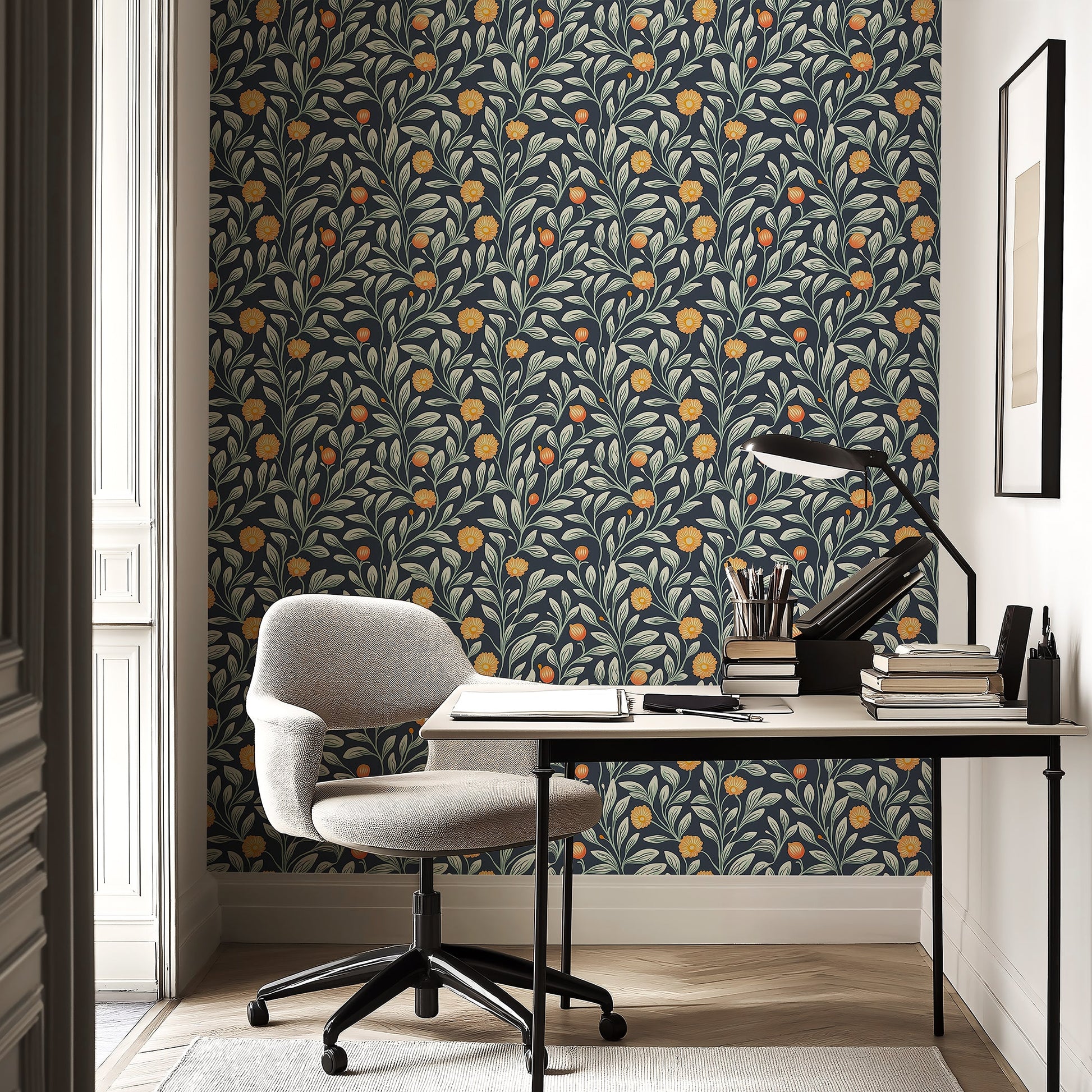 Stylish room with Bright Blooms and Greens floral wallpaper featuring leafy vines and golden-orange flowers, enhancing modern decor.