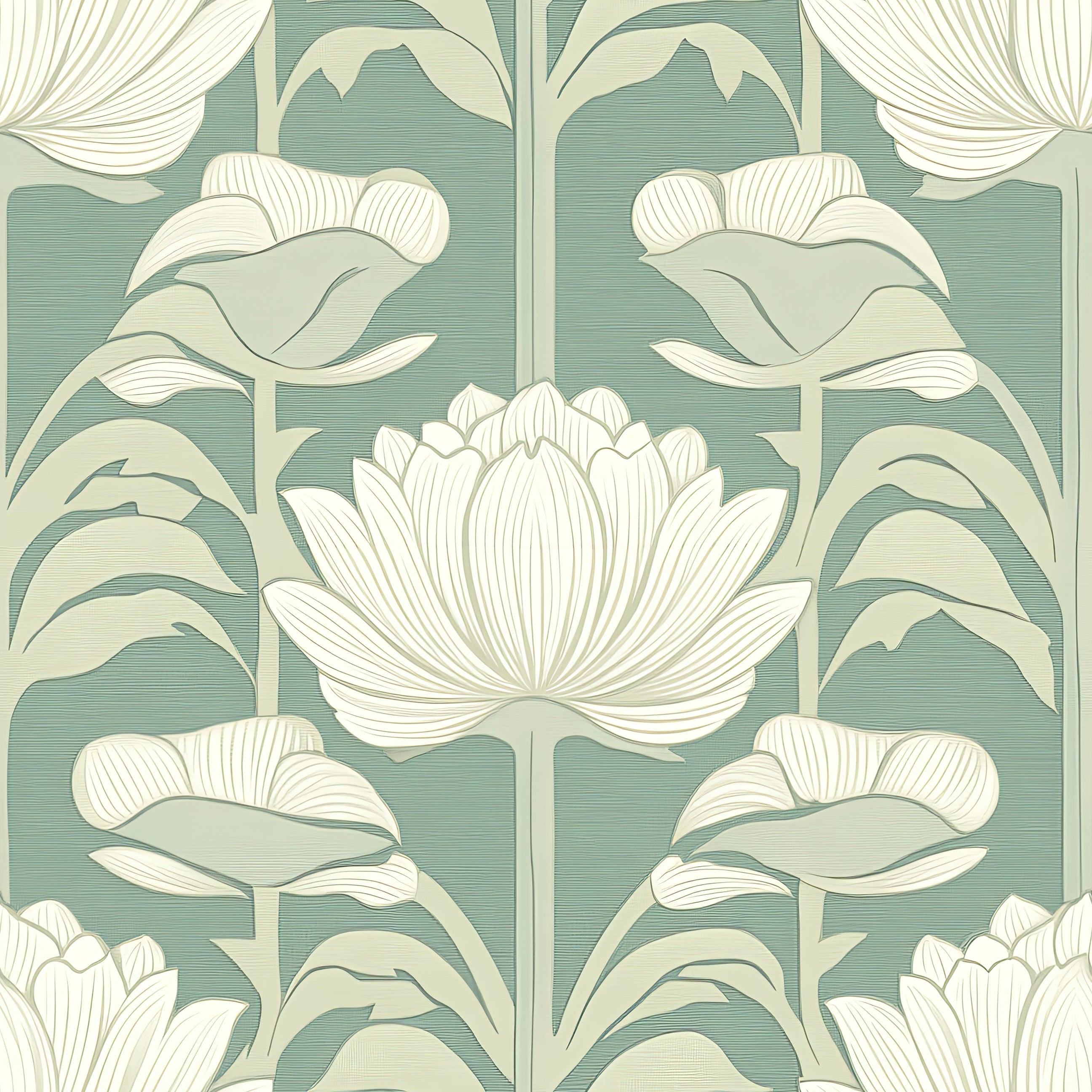 Vintage art nouveau floral wallpaper with ivory damask flowers on a muted green background, embodying timeless elegance.