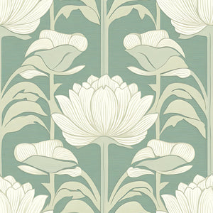 Vintage art nouveau floral wallpaper with ivory damask flowers on a muted green background, embodying timeless elegance.
