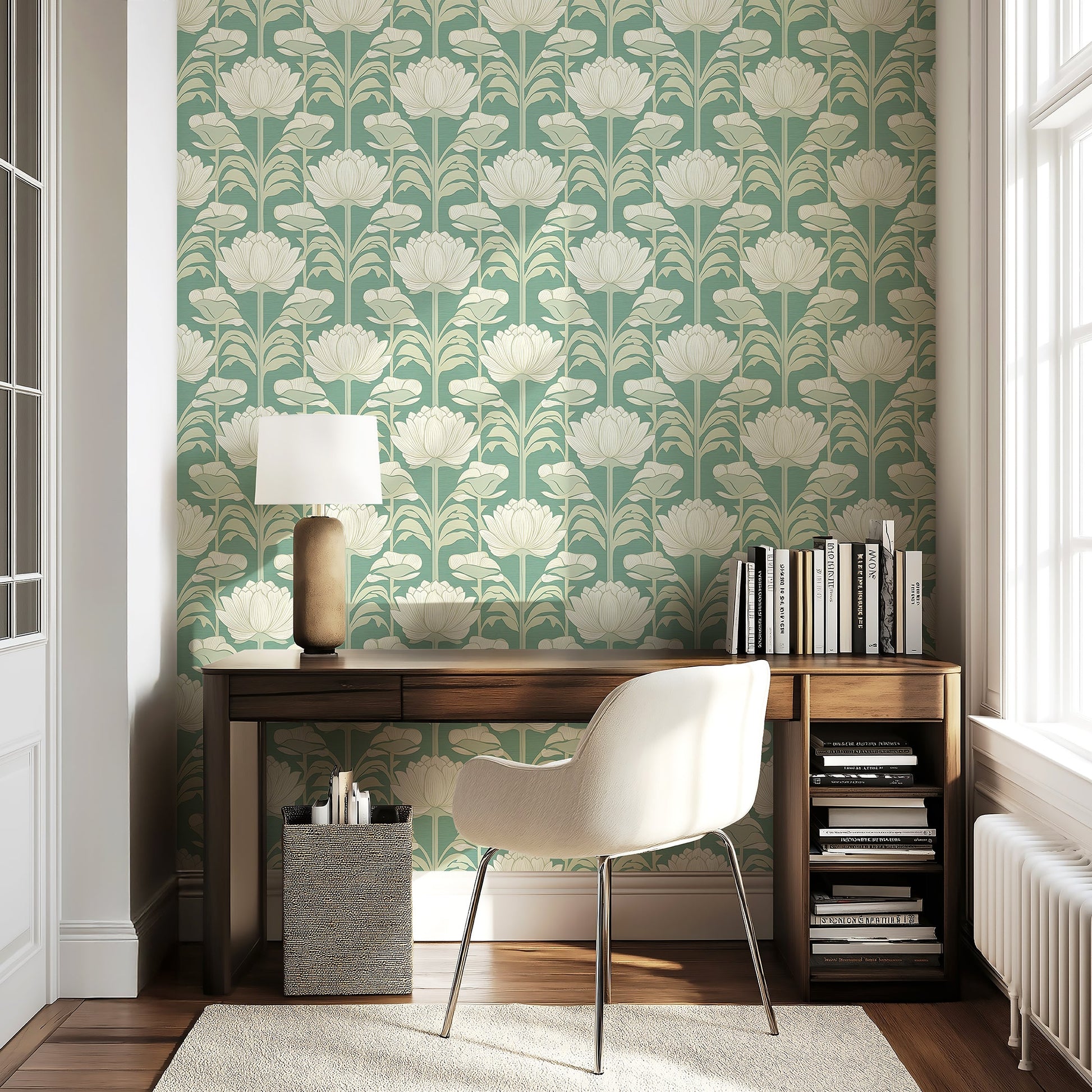 Art Nouveau damask wallpaper with ivory floral pattern on muted green background, enhancing room decor with vintage elegance.