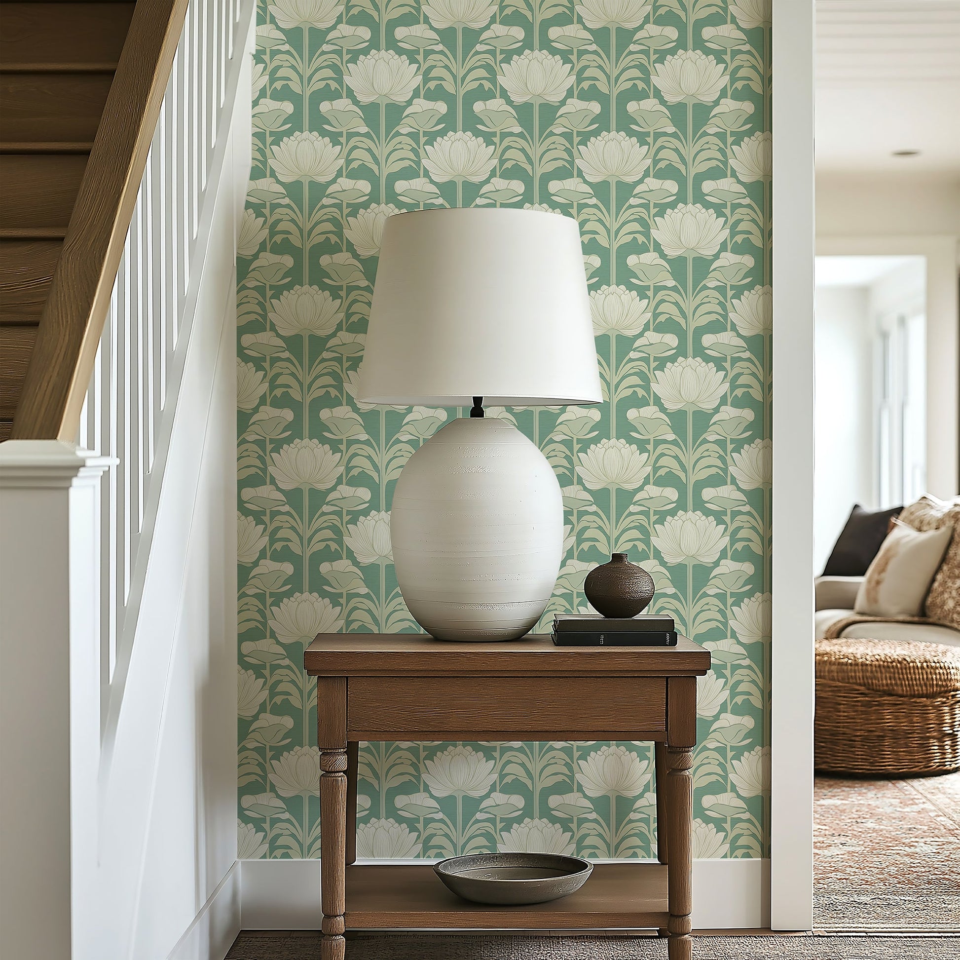 Art nouveau damask wallpaper with ivory flowers on muted green background, enhancing a cozy nook with a vintage floral aesthetic.