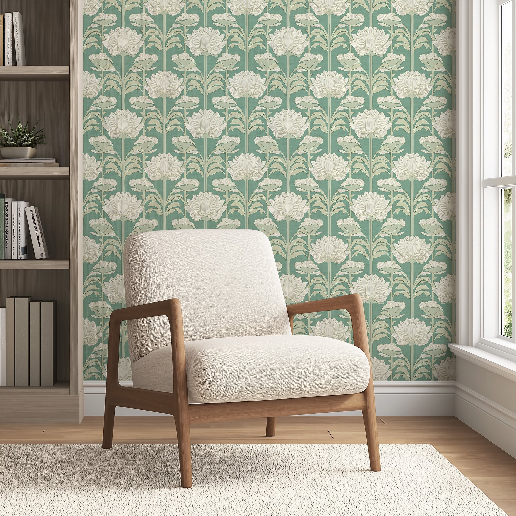 Art nouveau damask wallpaper with ivory flowers on green; complements living room decor with vintage floral style.