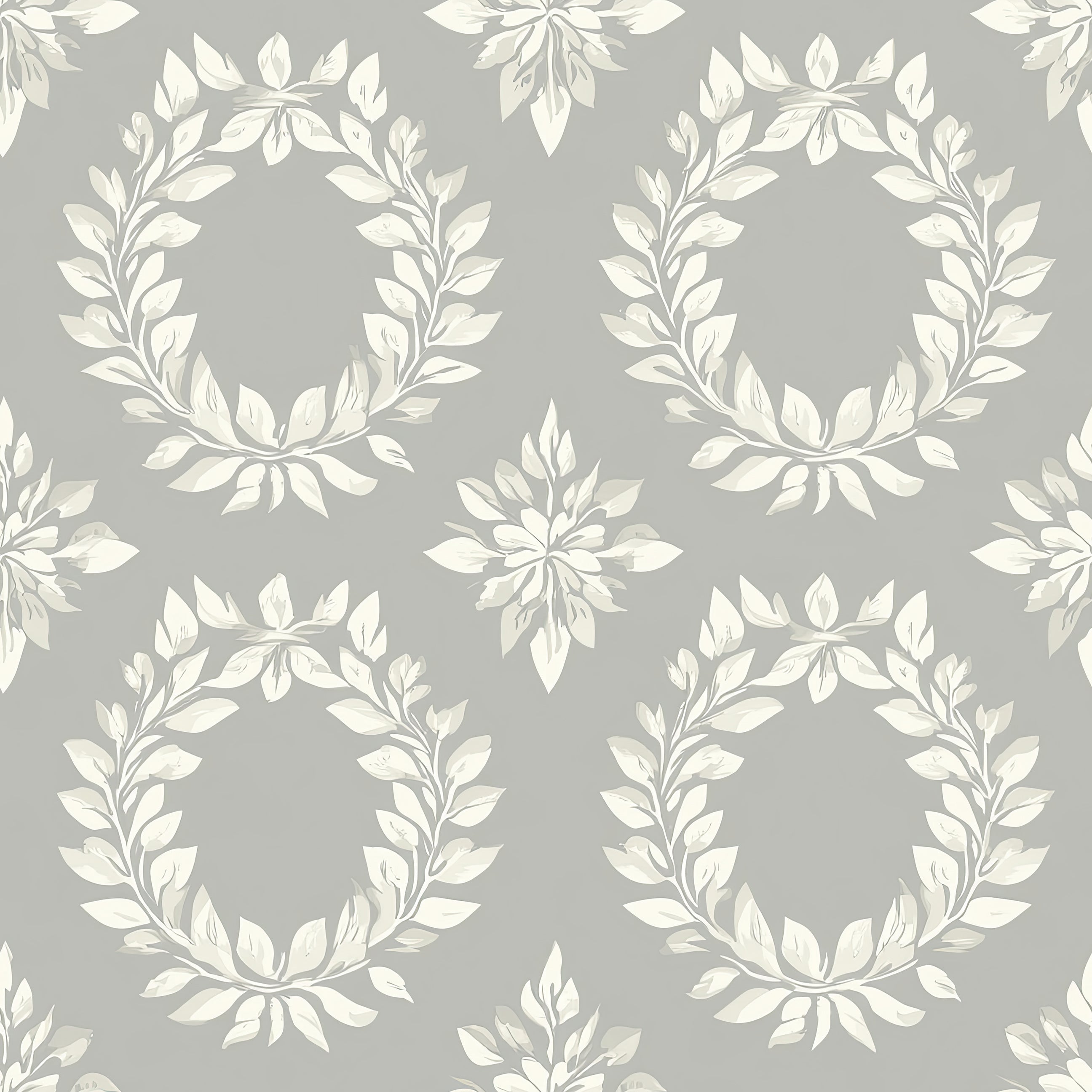 Timeless Floral Wreaths Wallpaper featuring ivory laurel wreaths on a muted sage-gray background, perfect for traditional decor.