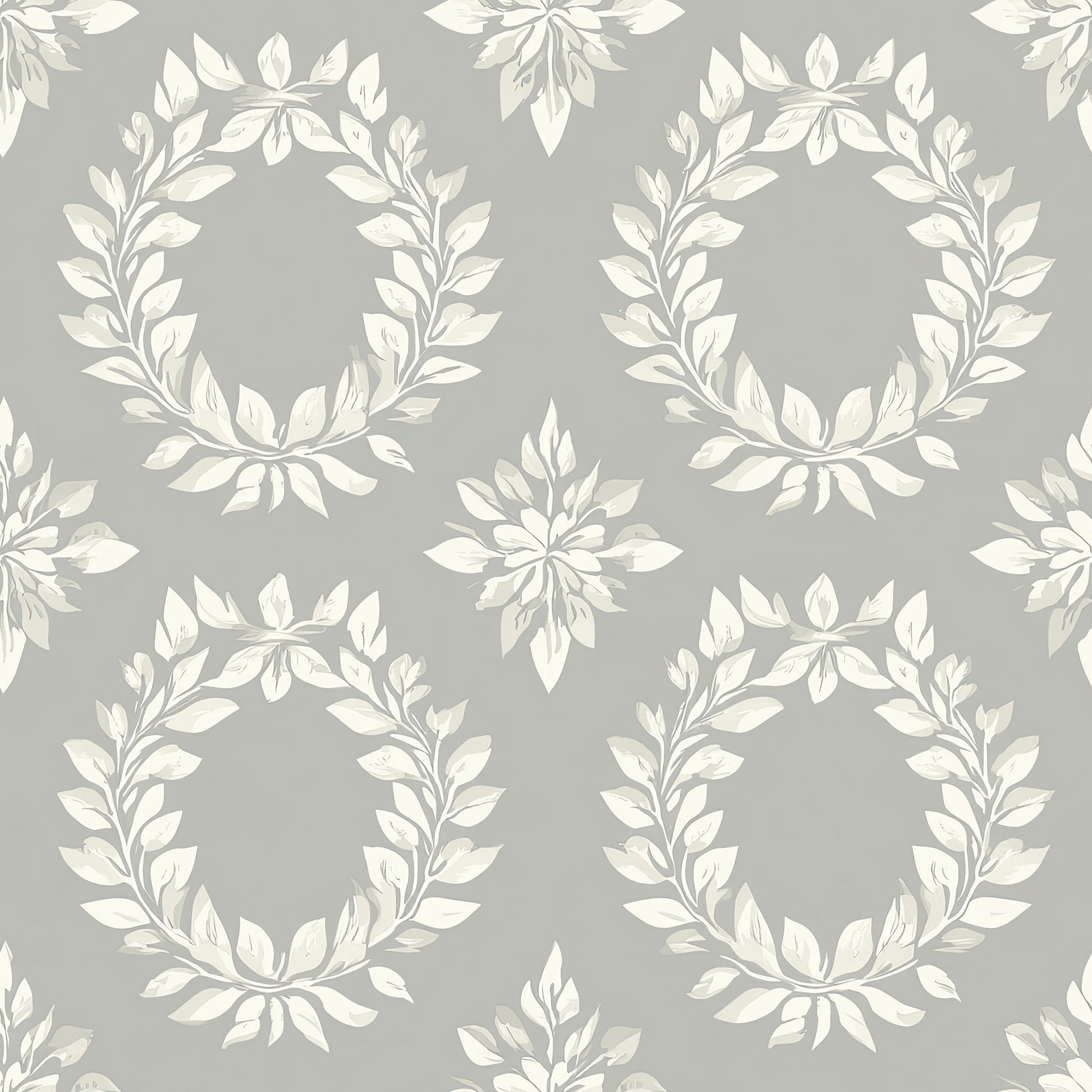 Timeless Floral Wreaths Wallpaper featuring ivory laurel wreaths on a muted sage-gray background, perfect for traditional decor.