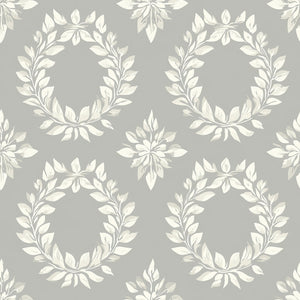 Timeless Floral Wreaths Wallpaper featuring ivory laurel wreaths on a muted sage-gray background, perfect for traditional decor.