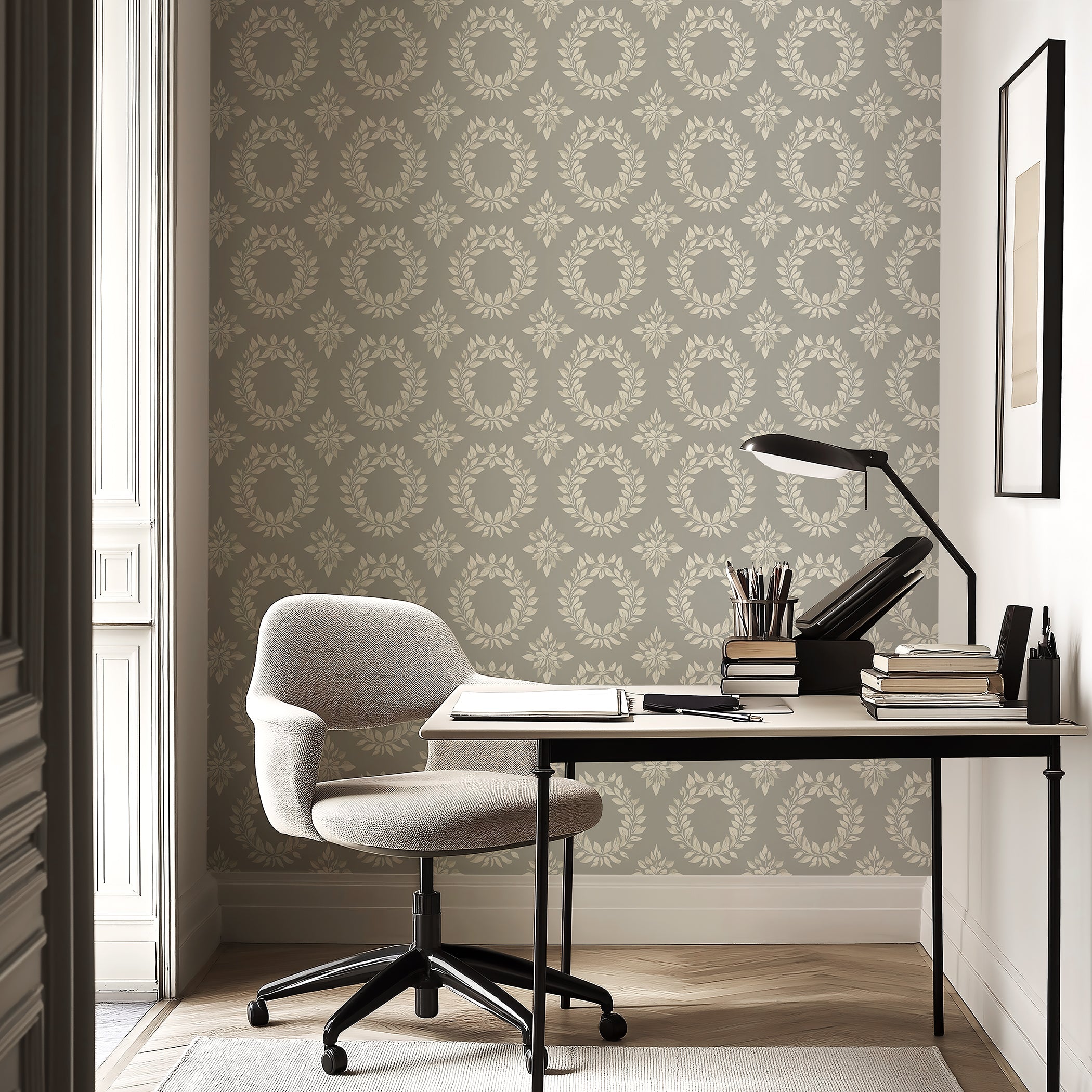 Elegant floral laurel wreaths wallpaper with soft ivory on sage-gray, enhancing a modern study with sophistication.