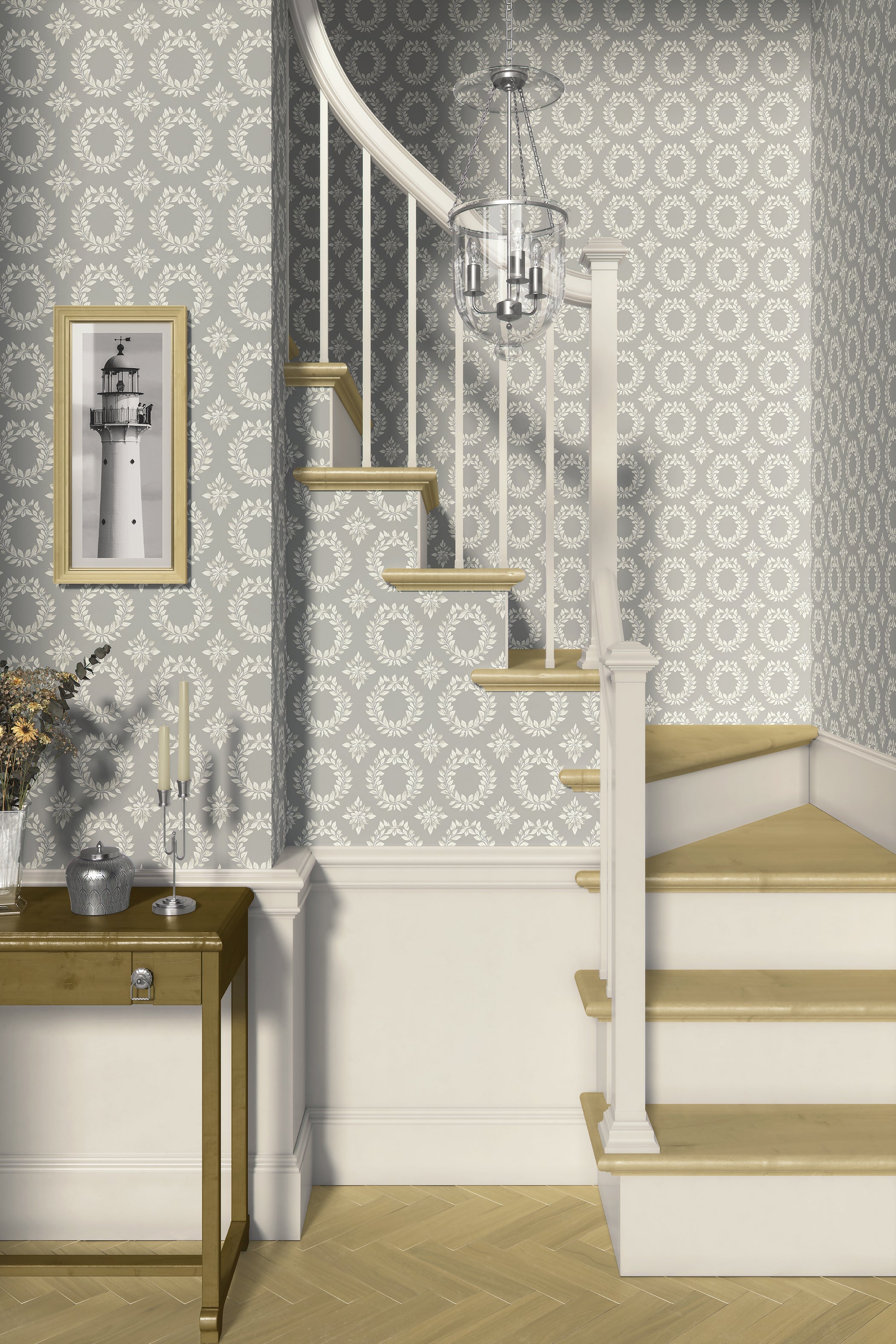 Elegant staircase with 'Timeless Floral Wreaths' wallpaper in muted sage-gray, featuring classic ivory laurel designs for a traditional look.
