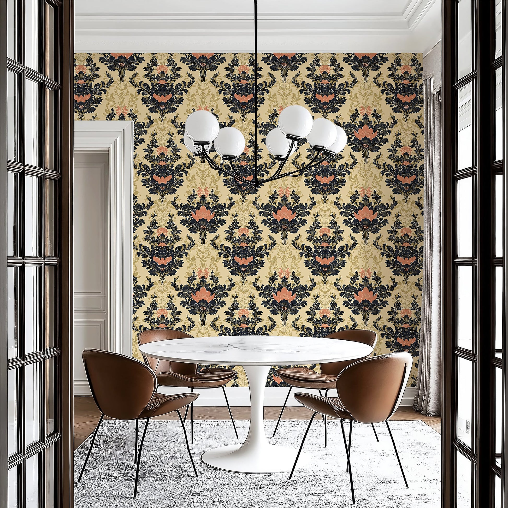 Grand Floral Romance wallpaper with vintage damask floral pattern in navy, pink, and tan on a cream background in a dining room.