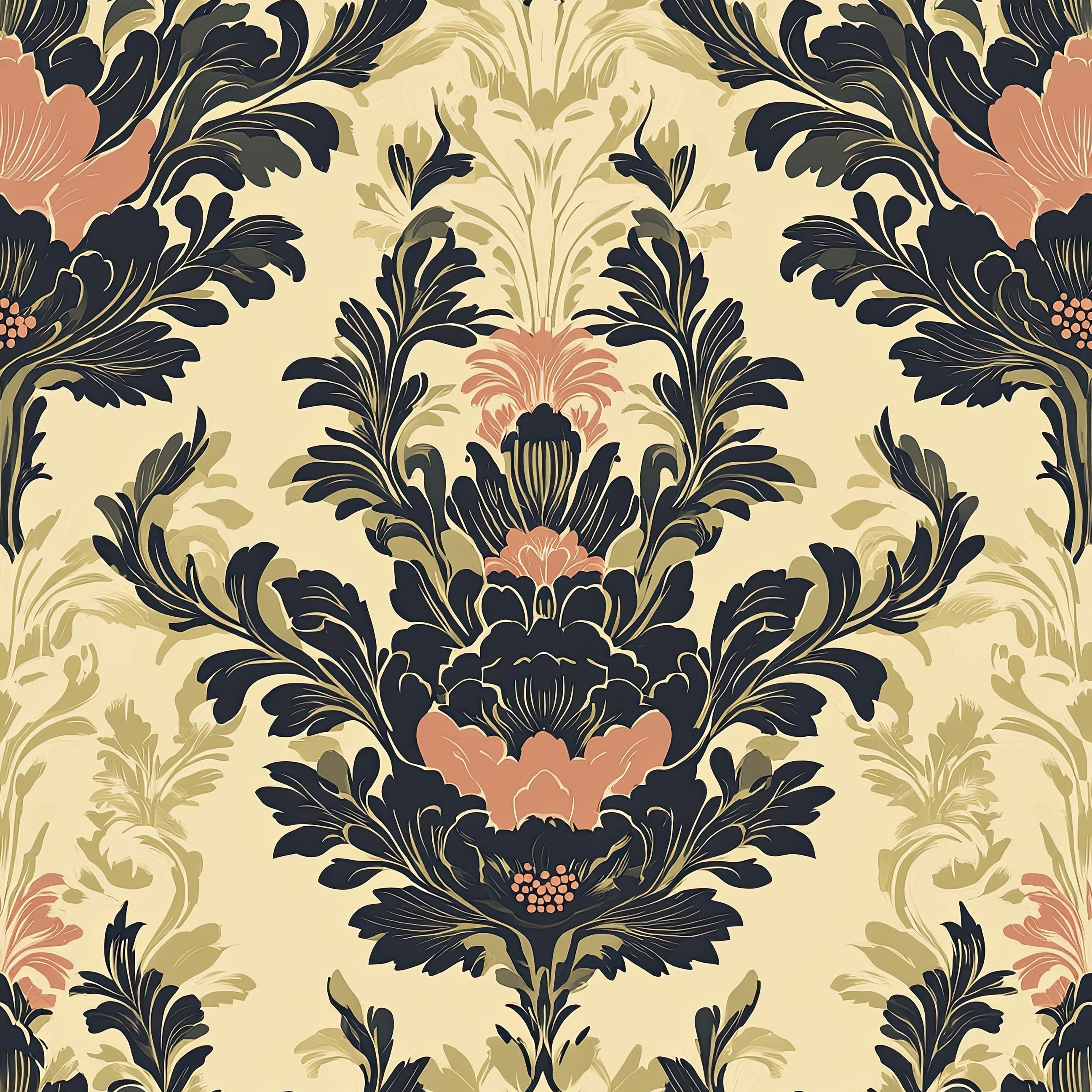 Grand Floral Romance wallpaper with vintage damask design in navy, pink, and tan on a cream background, perfect for elegant interiors.