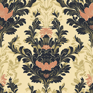 Grand Floral Romance wallpaper with vintage damask design in navy, pink, and tan on a cream background, perfect for elegant interiors.