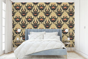 Grand Floral Romance Wallpaper with black, pink, and tan damask pattern in elegant bedroom setting, vintage European luxury.