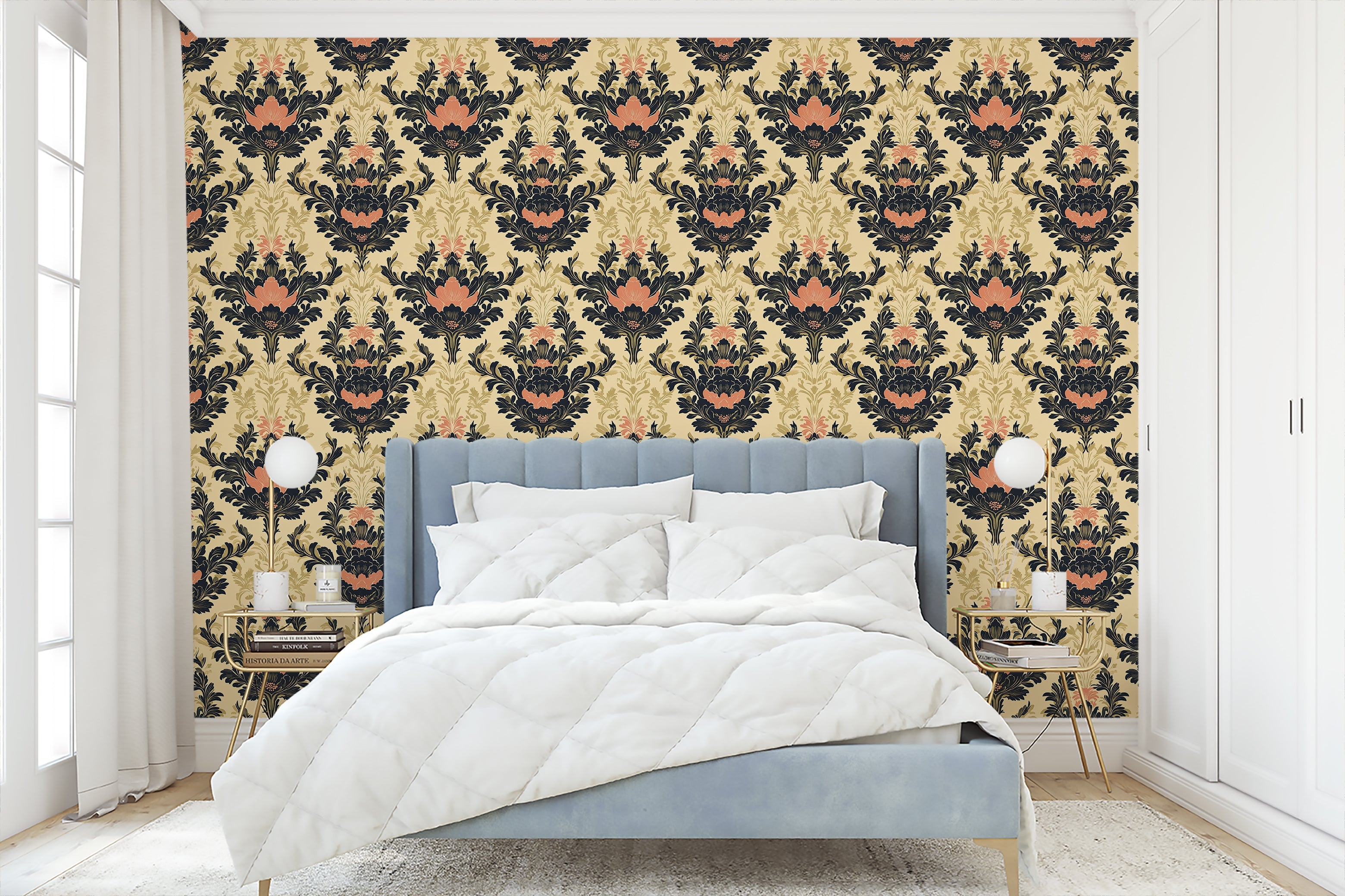 Grand Floral Romance Wallpaper with black, pink, and tan damask pattern in elegant bedroom setting, vintage European luxury.