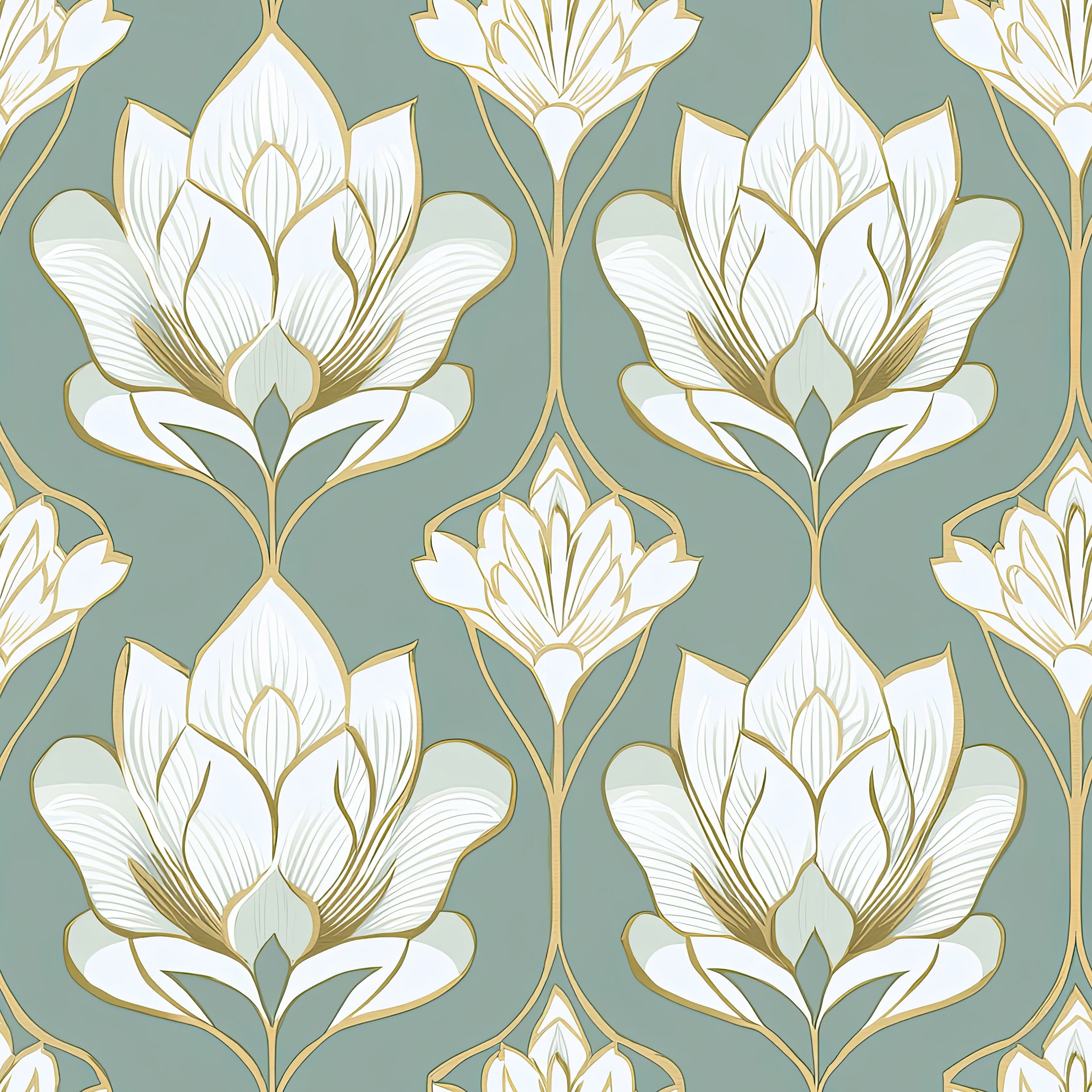 Art Nouveau wallpaper with ivory lotus flowers on a soft green background, featuring metallic gold accents for a modern floral design.