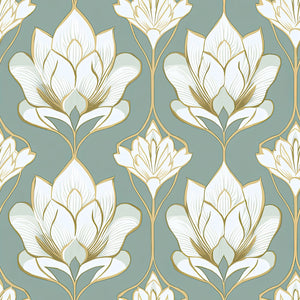 Art Nouveau wallpaper with ivory lotus flowers on a soft green background, featuring metallic gold accents for a modern floral design.