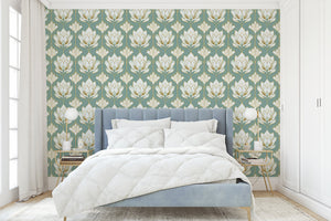 Luxurious bedroom featuring Regal Lotus Garden wallpaper with ivory lotus flowers on a soft green Art Nouveau background, enhancing modern decor.