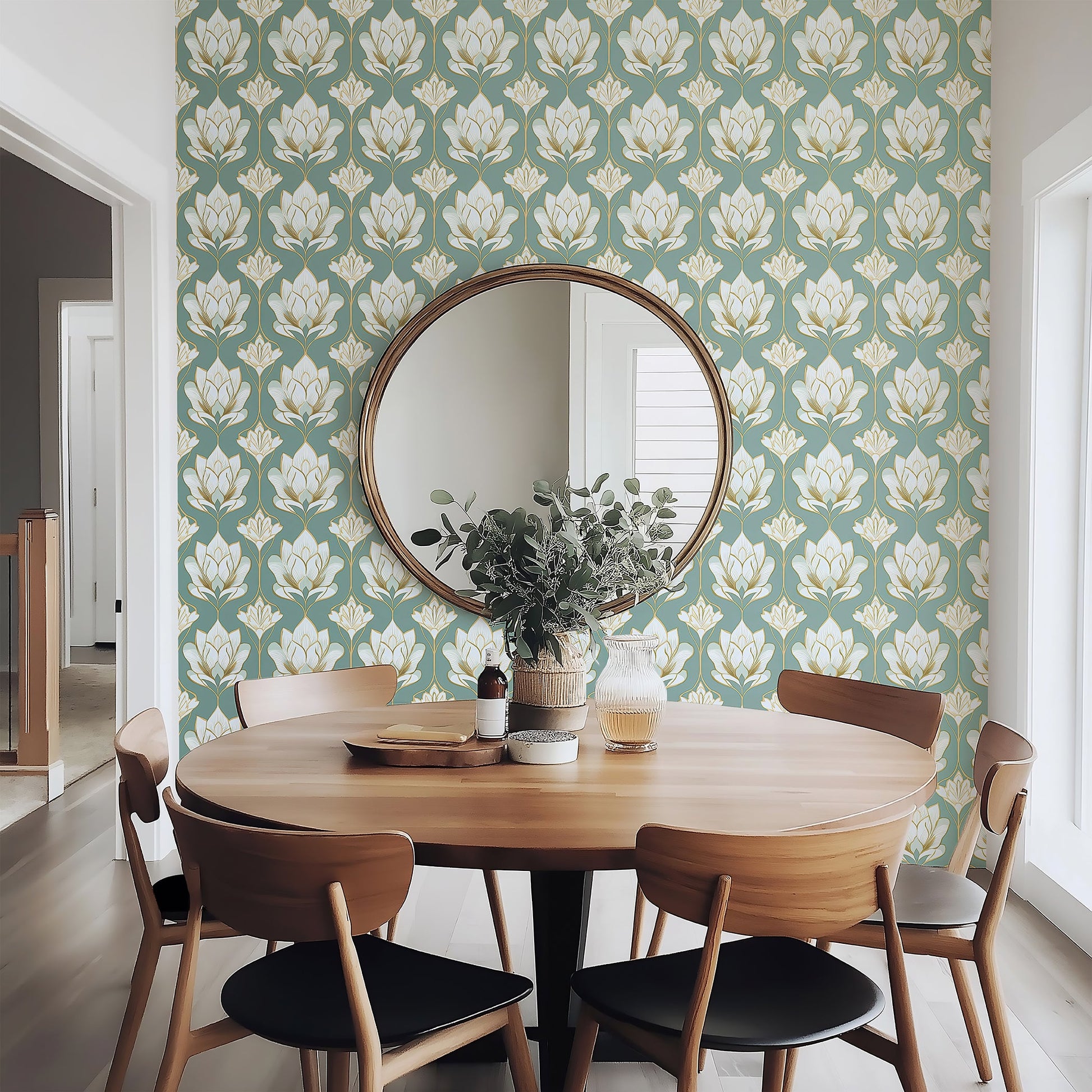 Modern dining room with Regal Lotus Garden wallpaper featuring lotus flowers and floral damask pattern on a soft green background.