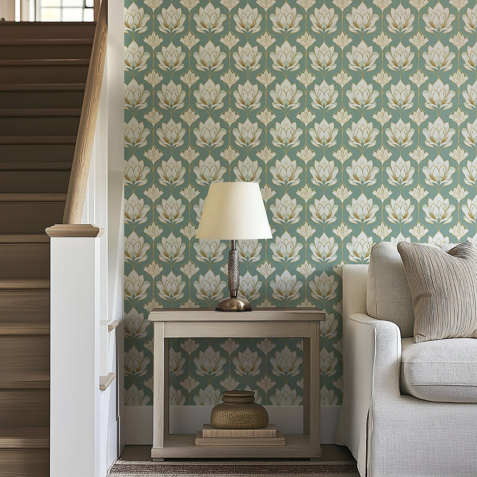 Regal Lotus Garden wallpaper featuring lotus flowers in ivory and gold on a soft green damask background for modern elegance.