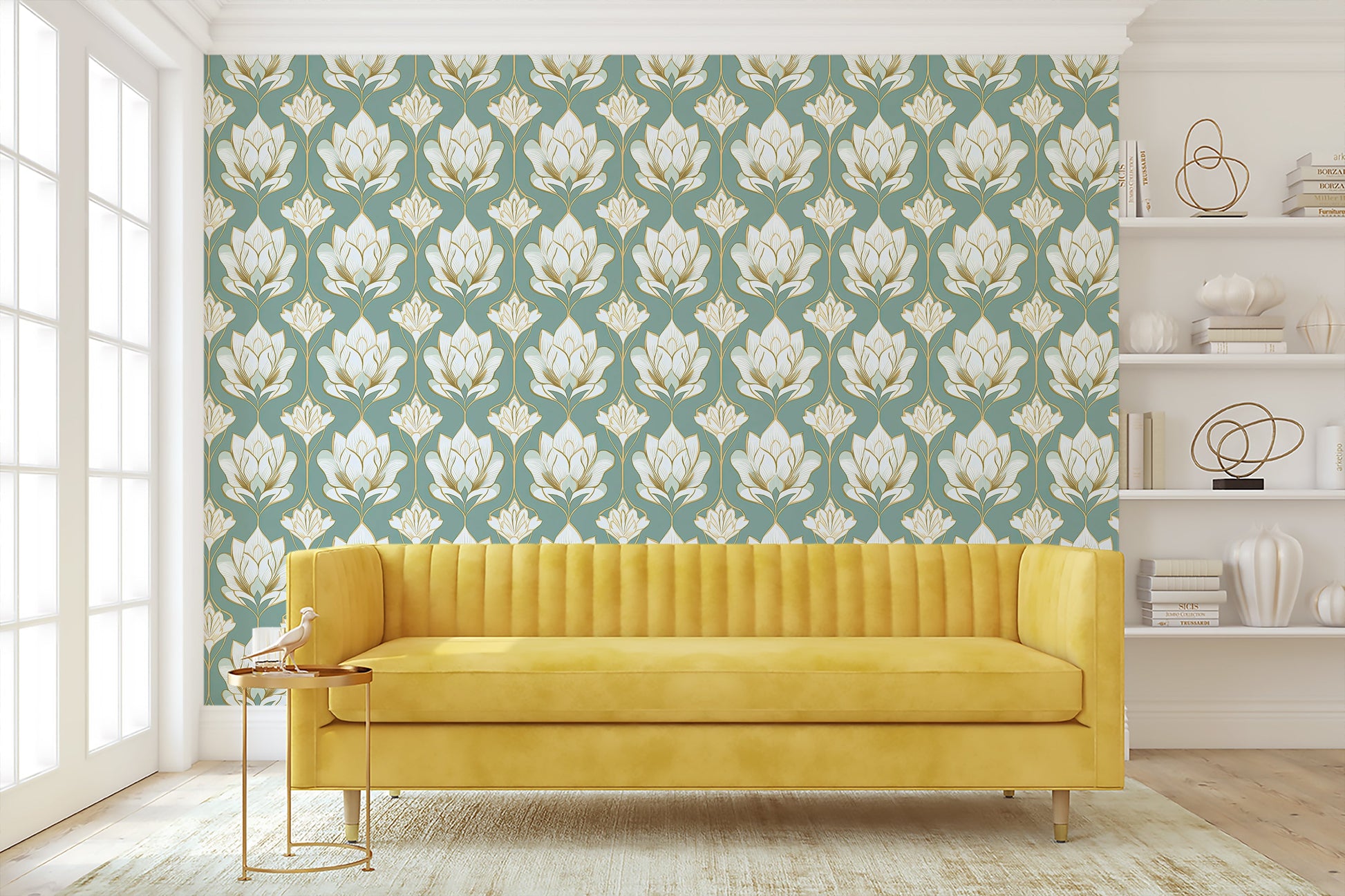 Regal Lotus Garden wallpaper showcasing ivory lotus flowers on a green background, perfect floral design for modern living rooms.