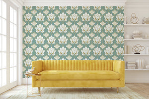Regal Lotus Garden wallpaper showcasing ivory lotus flowers on a green background, perfect floral design for modern living rooms.