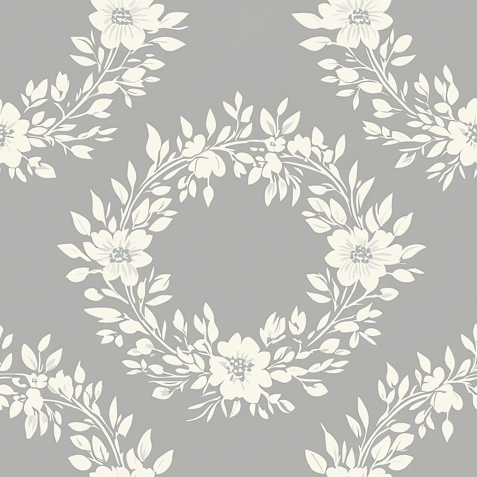 Chic Wreath Design Wallpaper featuring floral laurel wreaths in ivory on a gray background; ideal for traditional room decor.