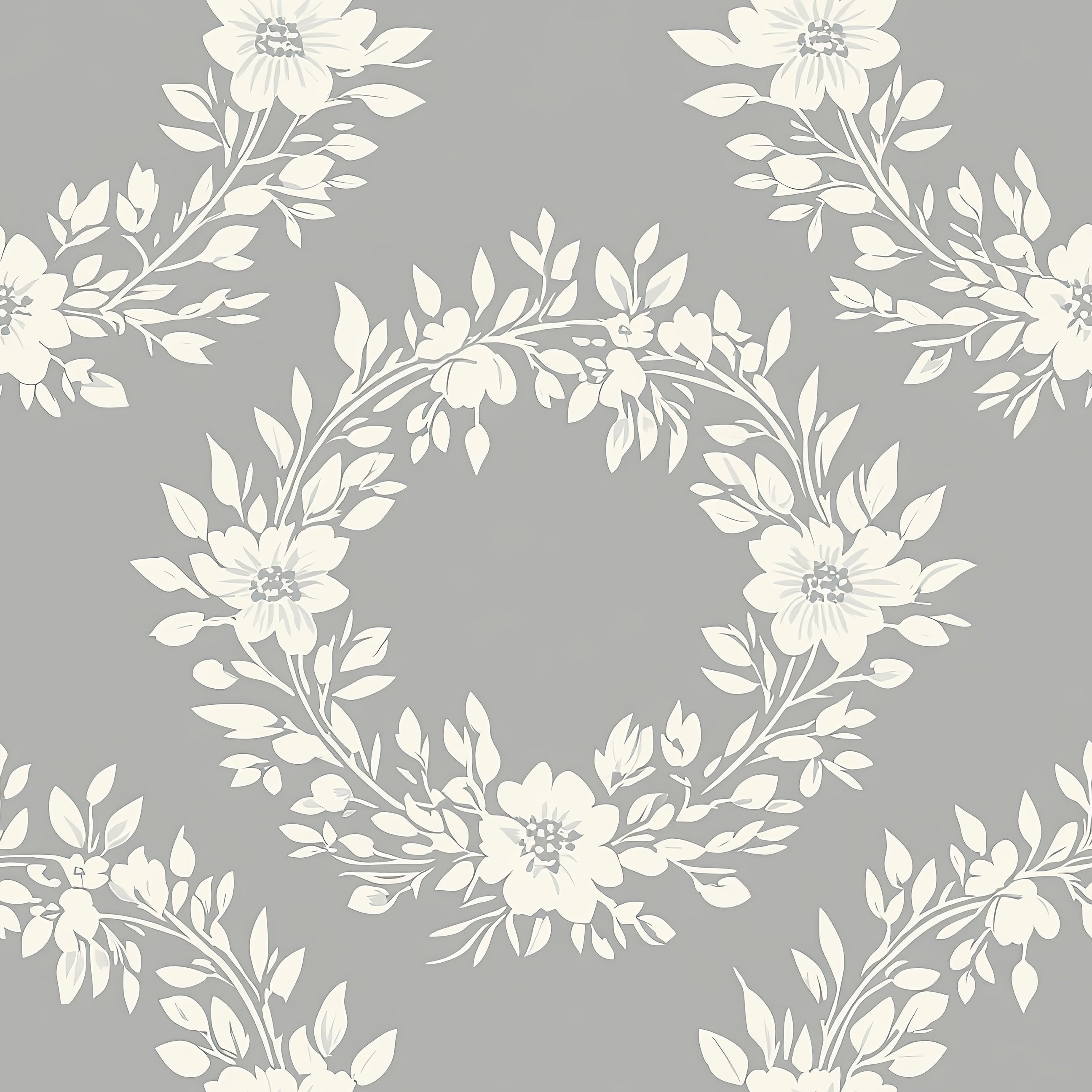 Chic Wreath Design Wallpaper featuring floral laurel wreaths in ivory on a gray background; ideal for traditional room decor.