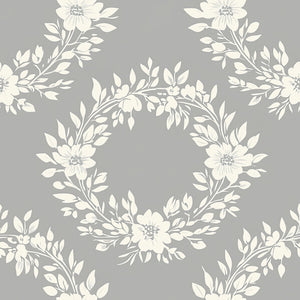Chic Wreath Design Wallpaper featuring floral laurel wreaths in ivory on a gray background; ideal for traditional room decor.