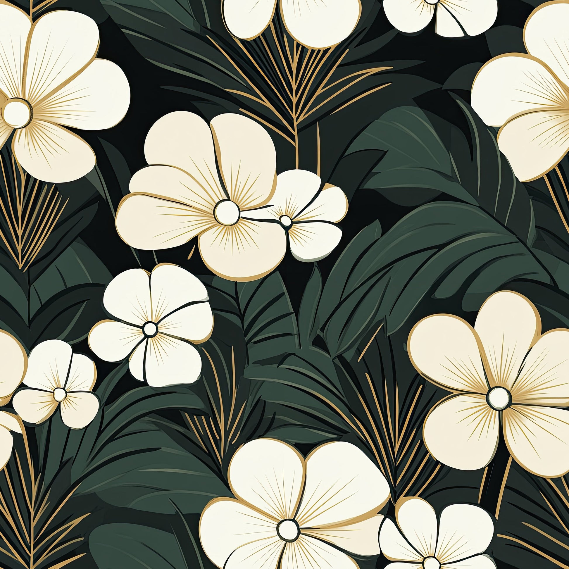 Elegant Jungle Escape Wallpaper with cream flowers, stylized palm fronds on a lush dark green background. Floral, jungle, modern design.