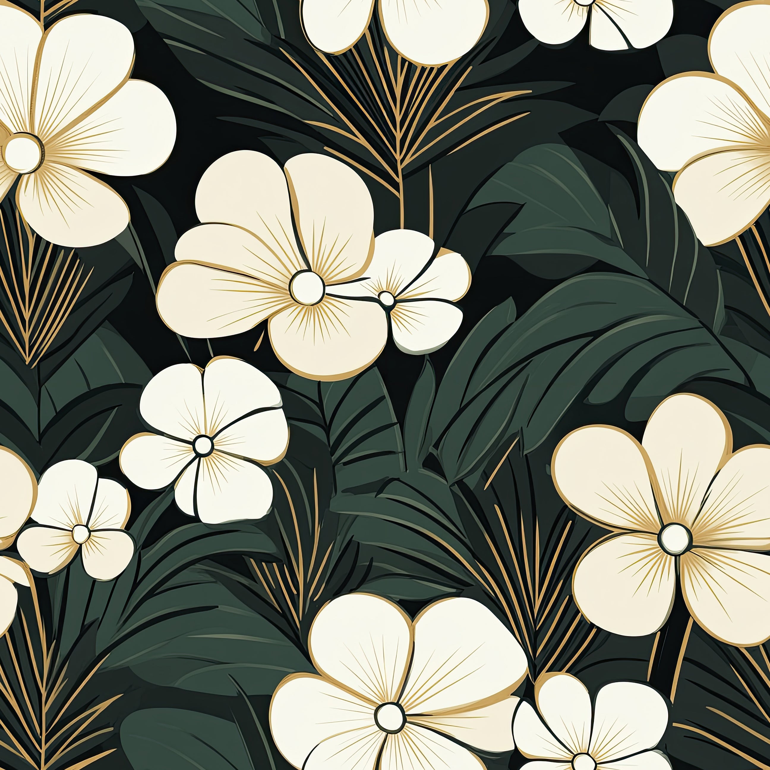 Elegant Jungle Escape Wallpaper with cream flowers, stylized palm fronds on a lush dark green background. Floral, jungle, modern design.