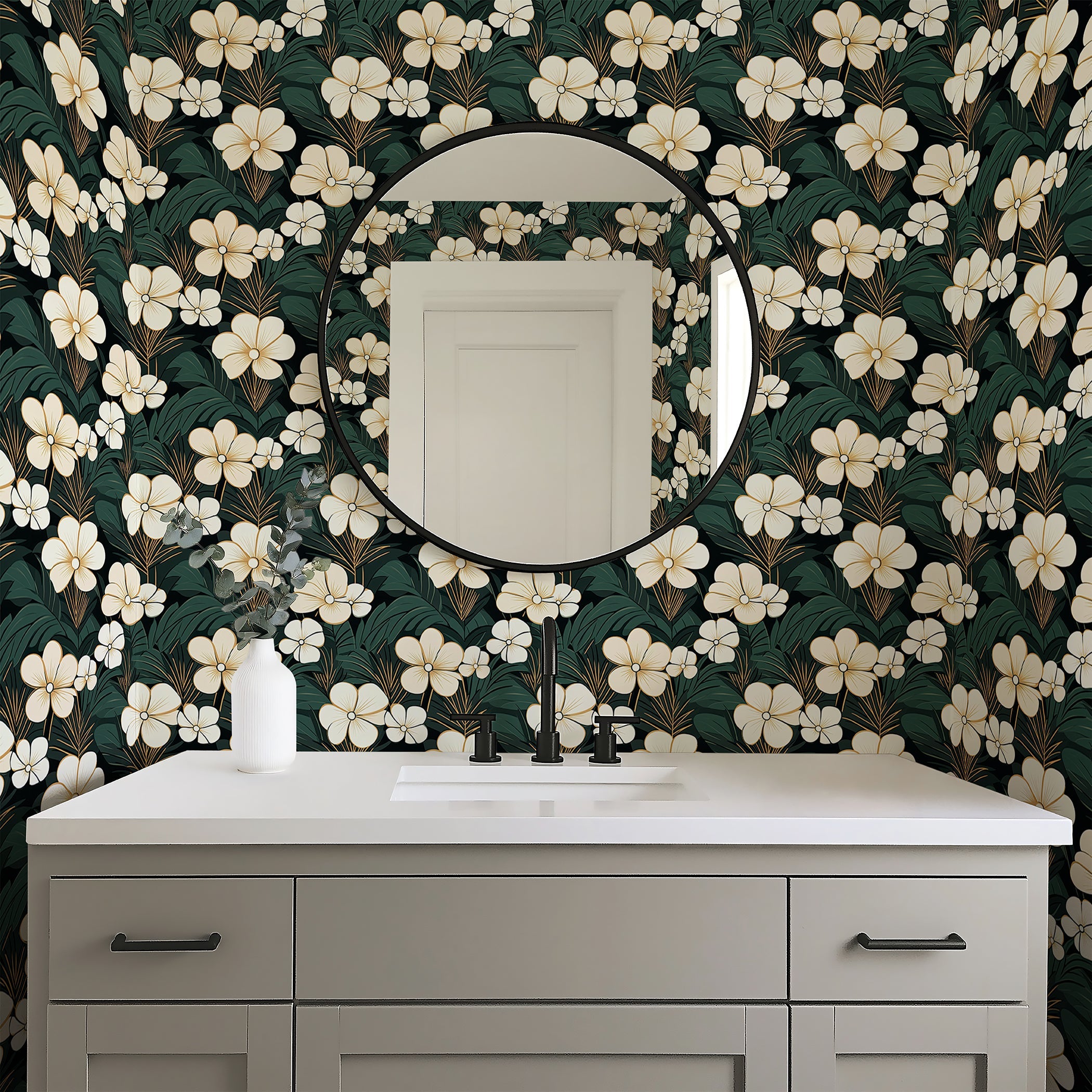 Elegant Jungle Escape wallpaper with cream flowers and green palm leaves in a modern bathroom setting. Floral paradise design.