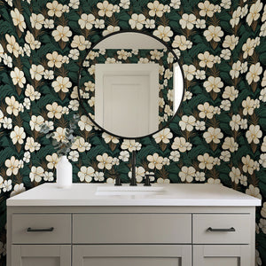 Elegant Jungle Escape wallpaper with cream flowers and green palm leaves in a modern bathroom setting. Floral paradise design.