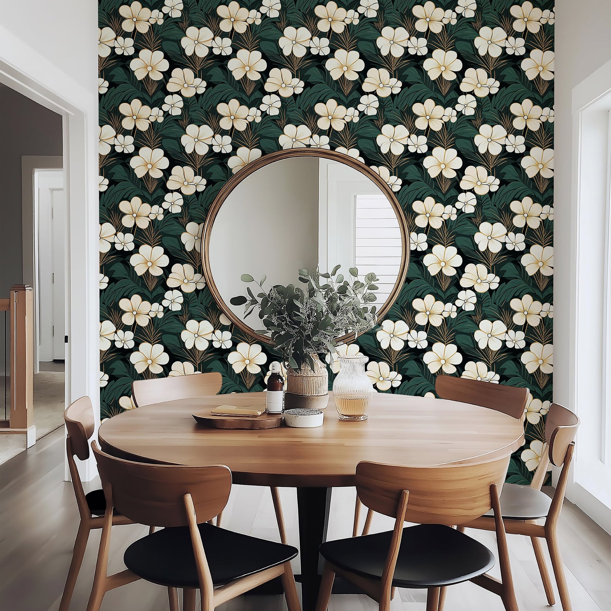 Stylish dining room with Elegant Jungle Escape wallpaper featuring cream flowers, palm fronds, and modern green, black, white decor.