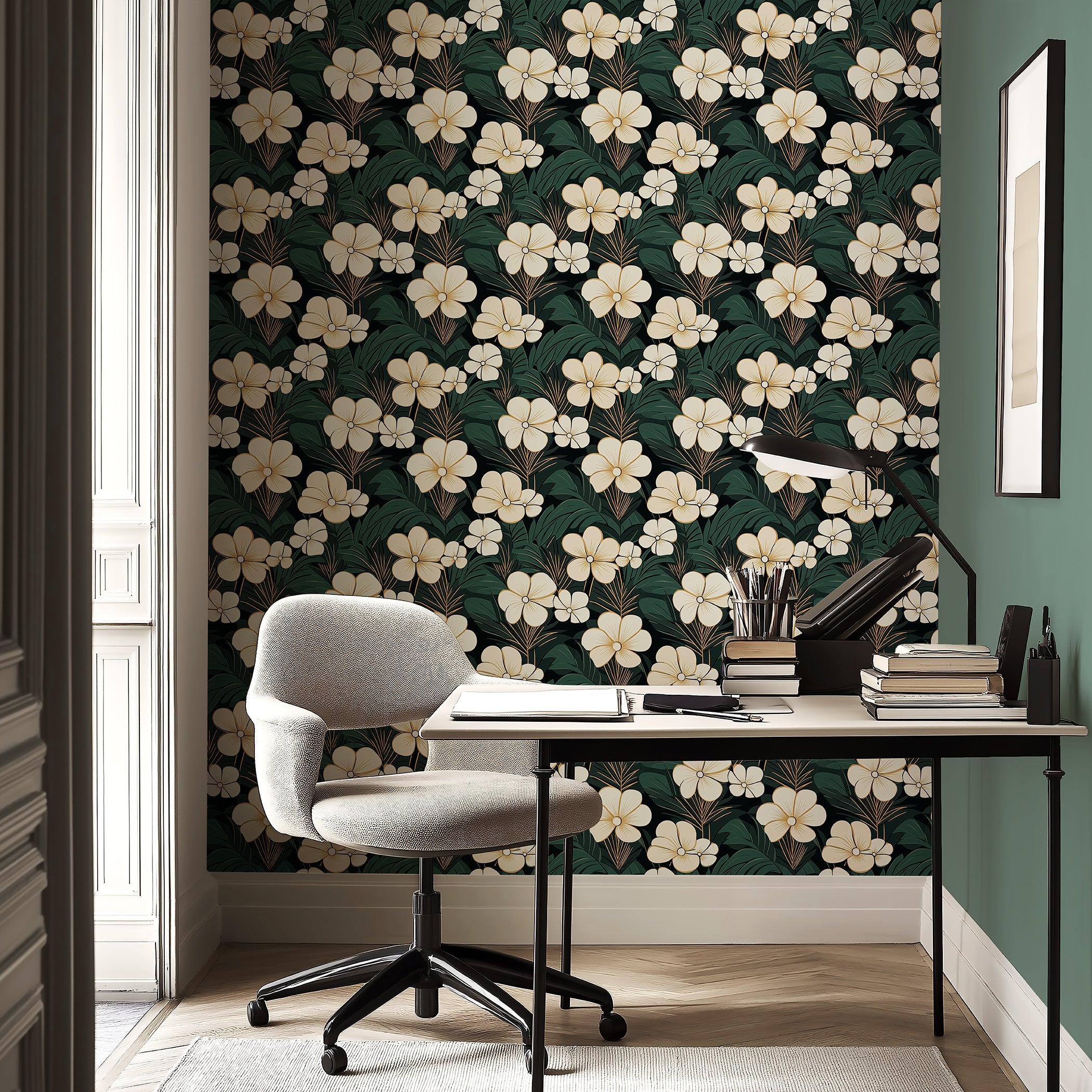 Elegant jungle escape wallpaper with white cream flowers and green palm fronds in a modern home office setting.