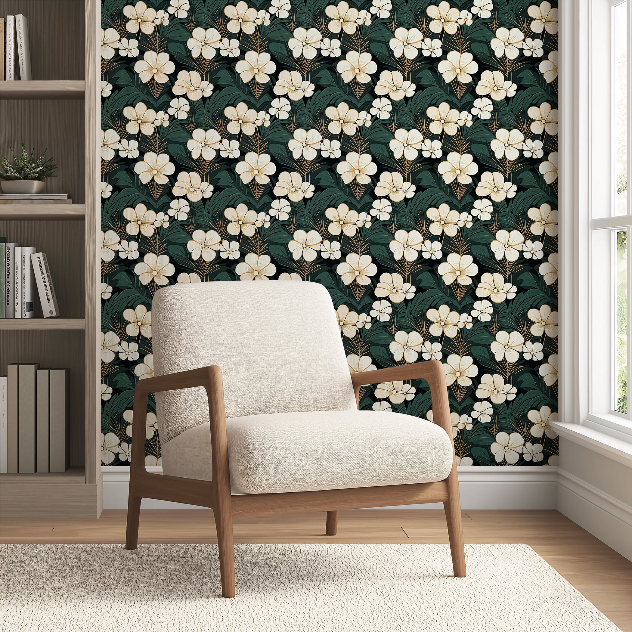 Elegant Jungle Escape wallpaper with cream flowers and green palm fronds on a dark backdrop, featuring a modern chair; floral, jungle design.