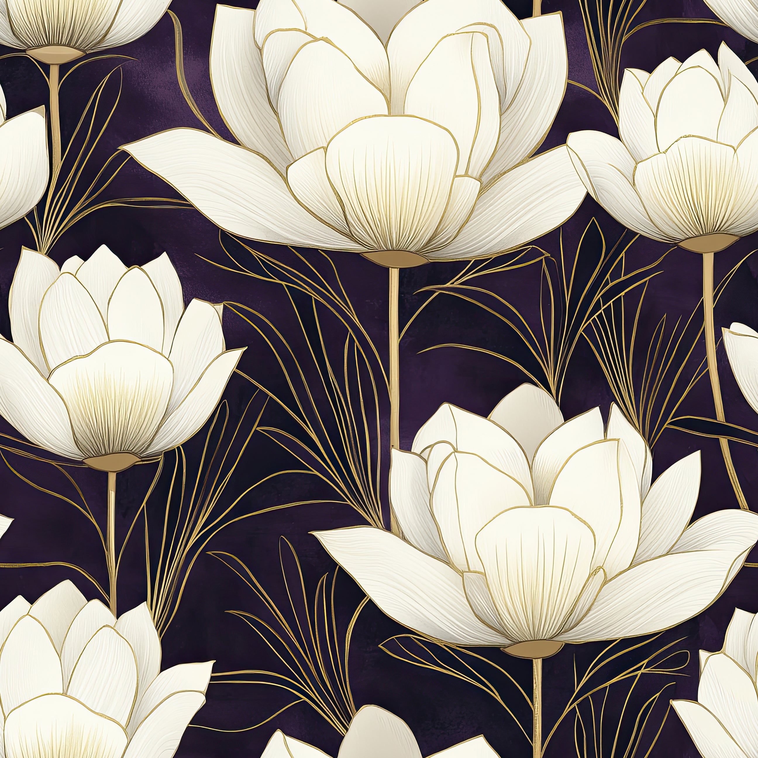 Purple modern floral wallpaper featuring ivory flowers with golden details, ideal for luxury interiors; Regal Blossom Nightscape.