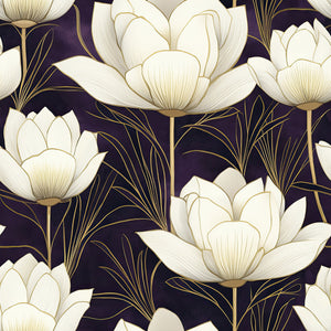 Purple modern floral wallpaper featuring ivory flowers with golden details, ideal for luxury interiors; Regal Blossom Nightscape.