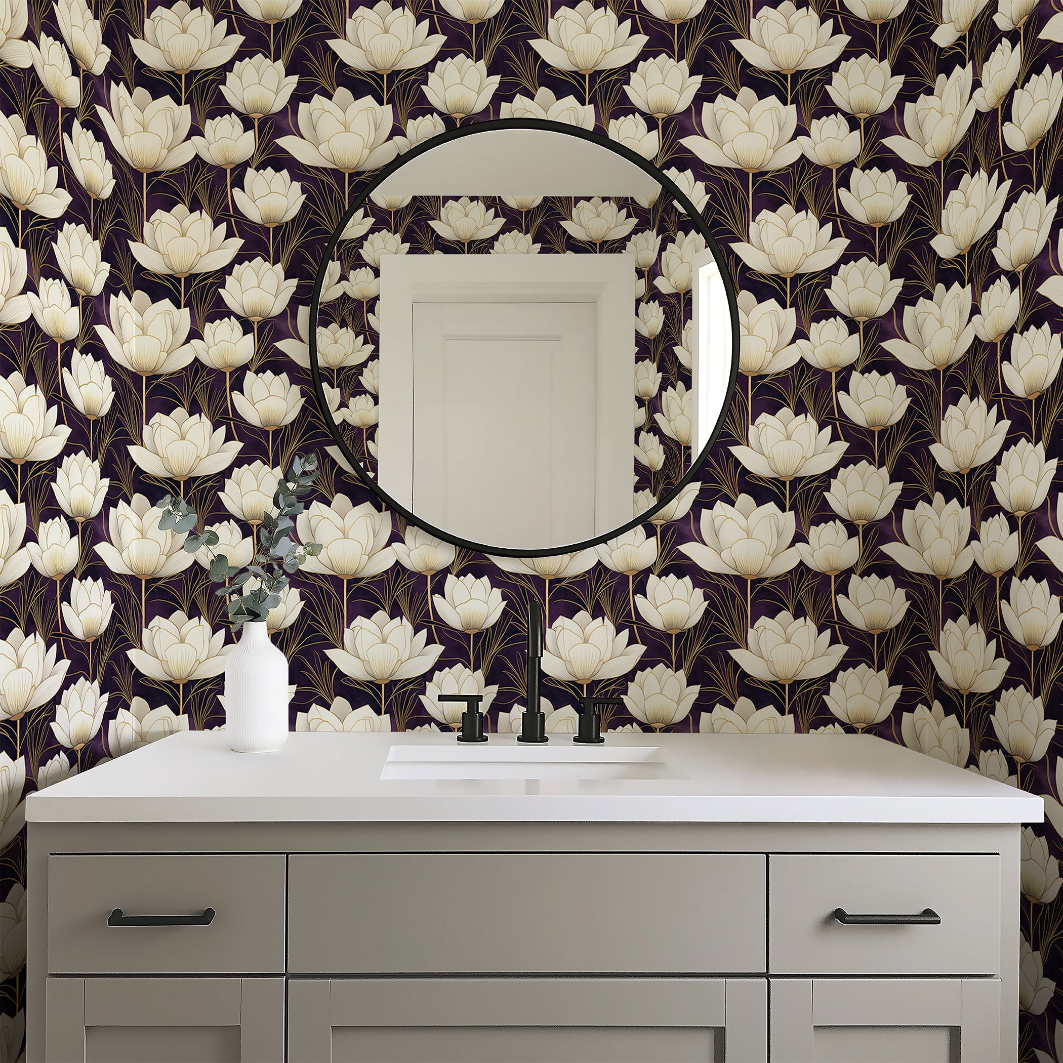 Bathroom with Regal Blossom Nightscape wallpaper featuring ivory flowers on a deep plum background, enhancing modern luxury.