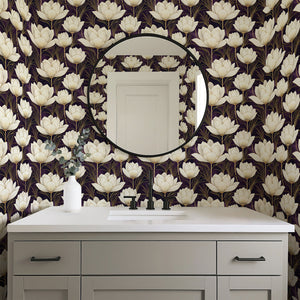 Bathroom with Regal Blossom Nightscape wallpaper featuring ivory flowers on a deep plum background, enhancing modern luxury.