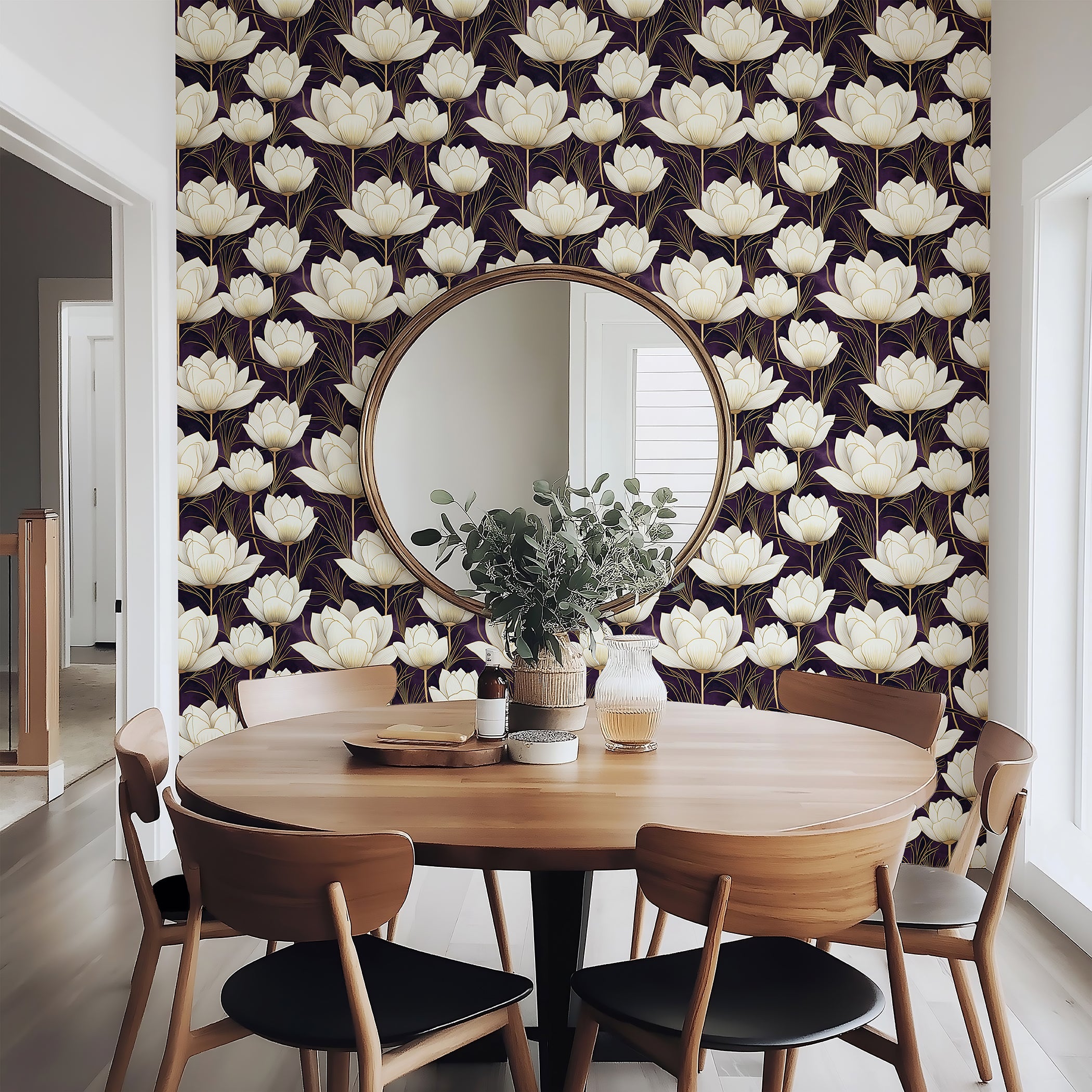 Dining room with Regal Blossom Nightscape wallpaper featuring ivory flowers on a purple background, creating a modern floral ambiance.