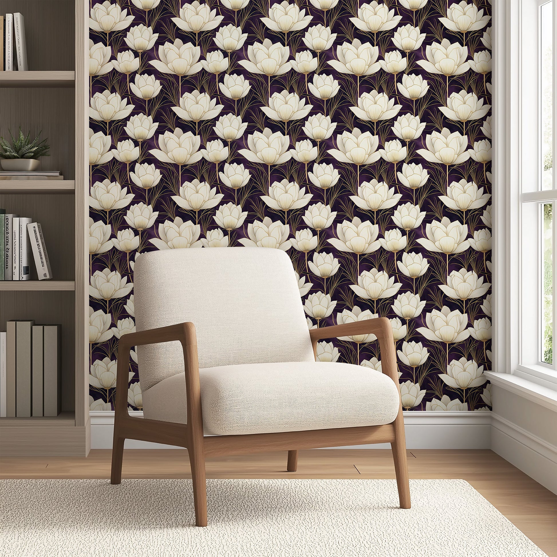 Modern room with floral wallpaper featuring ivory flowers on a purple background, highlighting luxury and sophistication.
