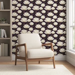 Modern room with floral wallpaper featuring ivory flowers on a purple background, highlighting luxury and sophistication.