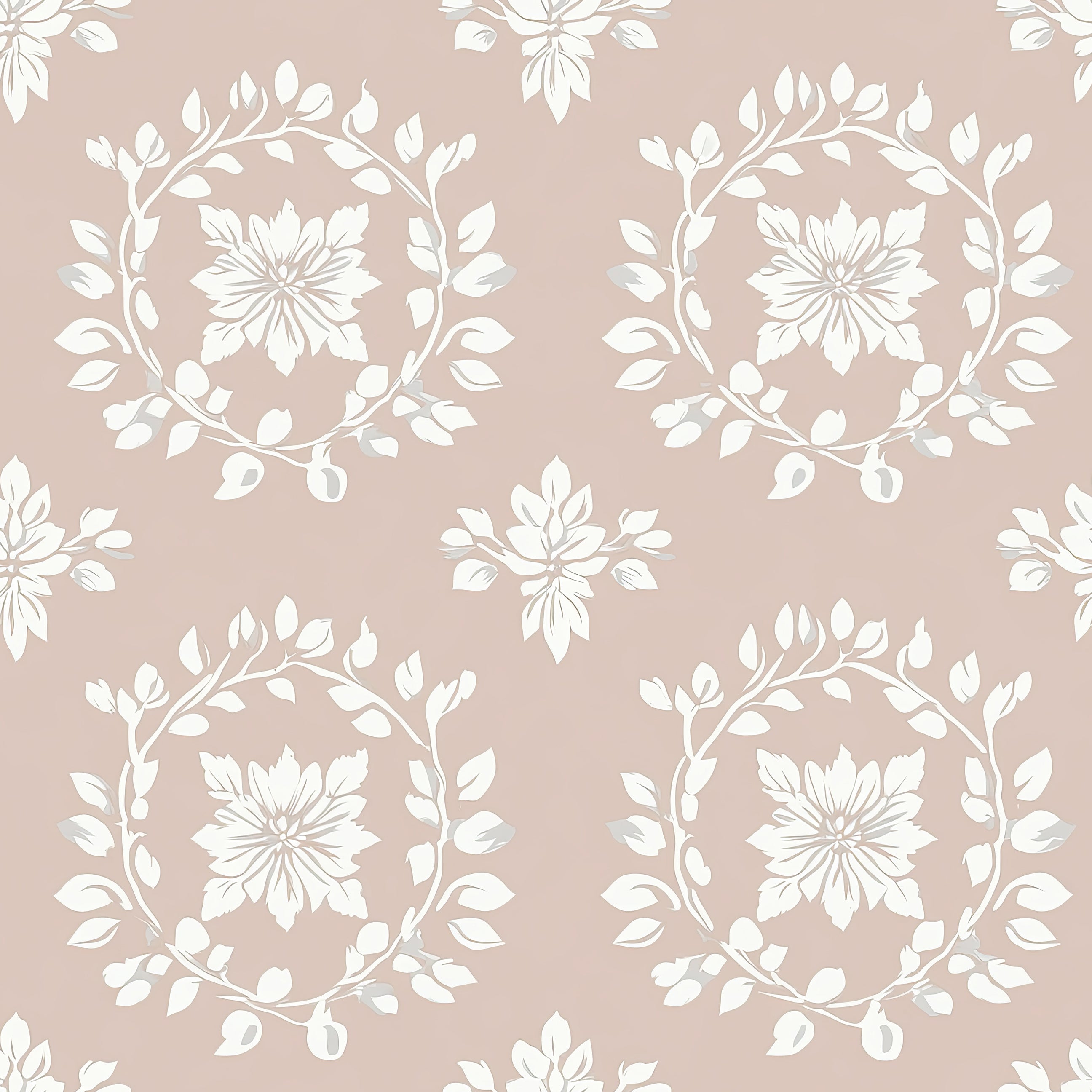 Traditional floral wallpaper with ivory laurel wreaths on a blush background, featuring a romantic and sophisticated design.