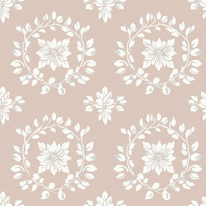 Traditional floral wallpaper with ivory laurel wreaths on a blush background, featuring a romantic and sophisticated design.