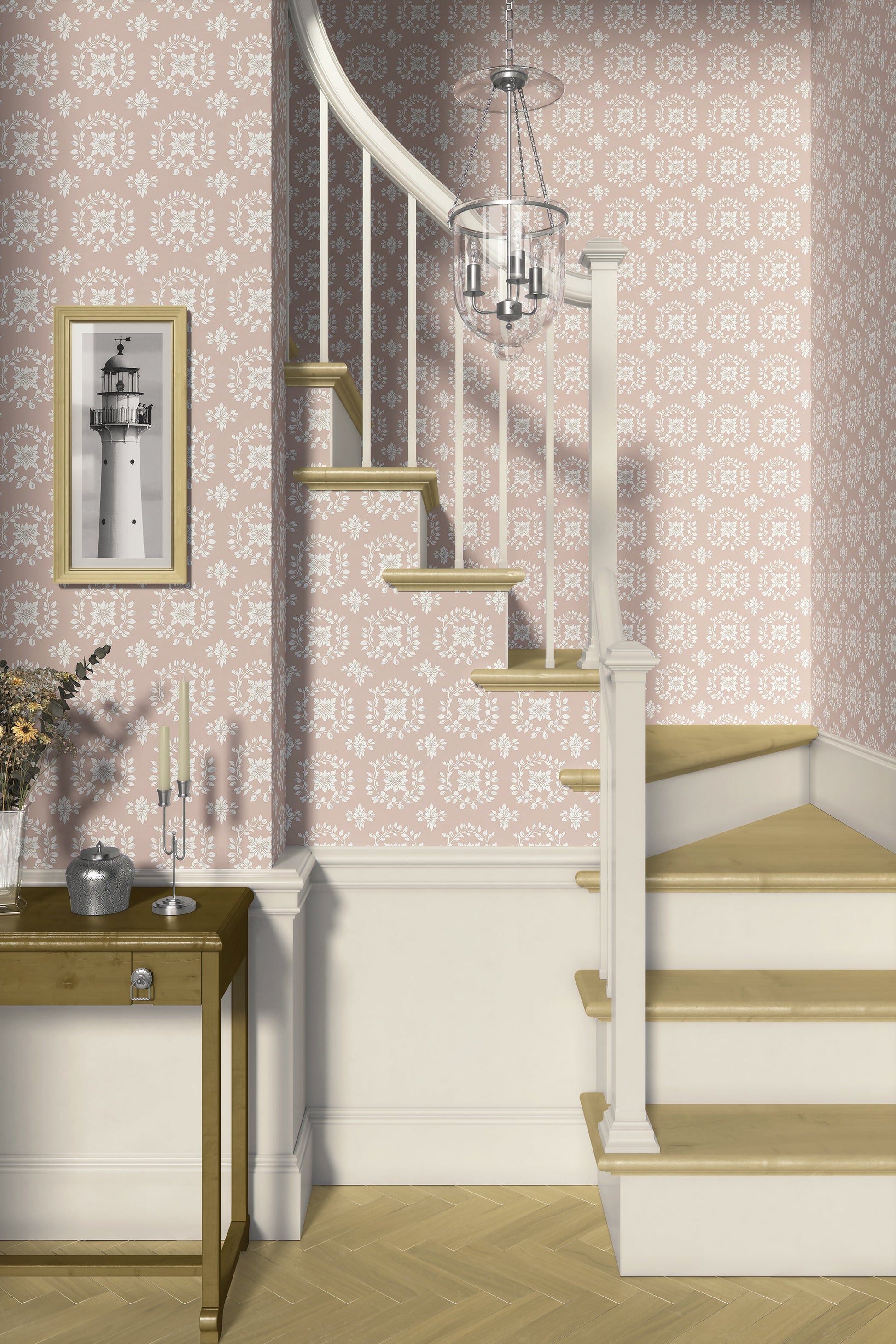 Elegant staircase with vintage-inspired floral wallpaper in blush and ivory tones, featuring delicate laurel wreath patterns.