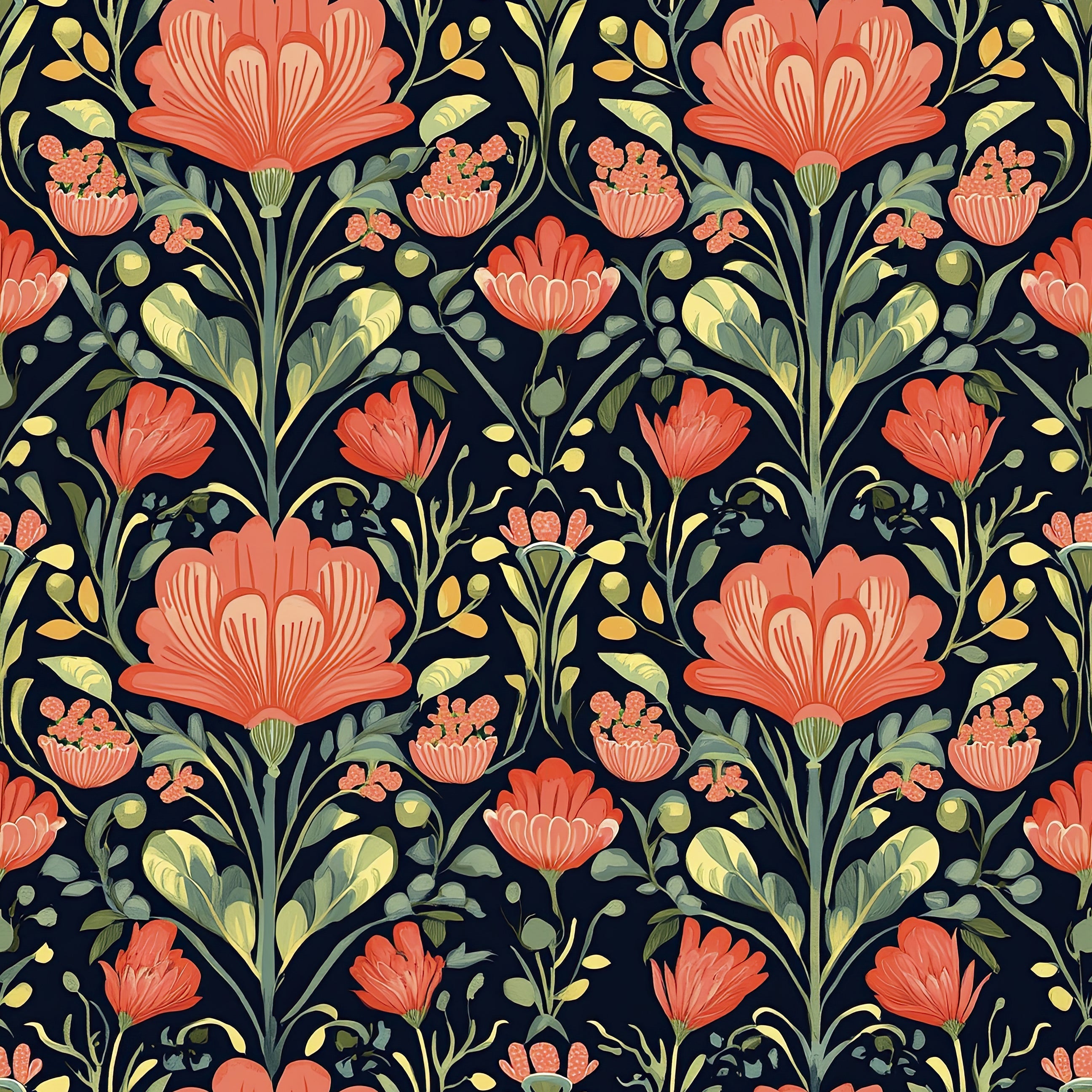 Colorful floral wallpaper with coral and green flowers on dark background, ideal for vibrant room accents. Perfect for interiors.
