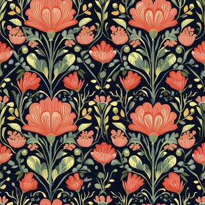 Colorful floral wallpaper with coral and green flowers on dark background, ideal for vibrant room accents. Perfect for interiors.