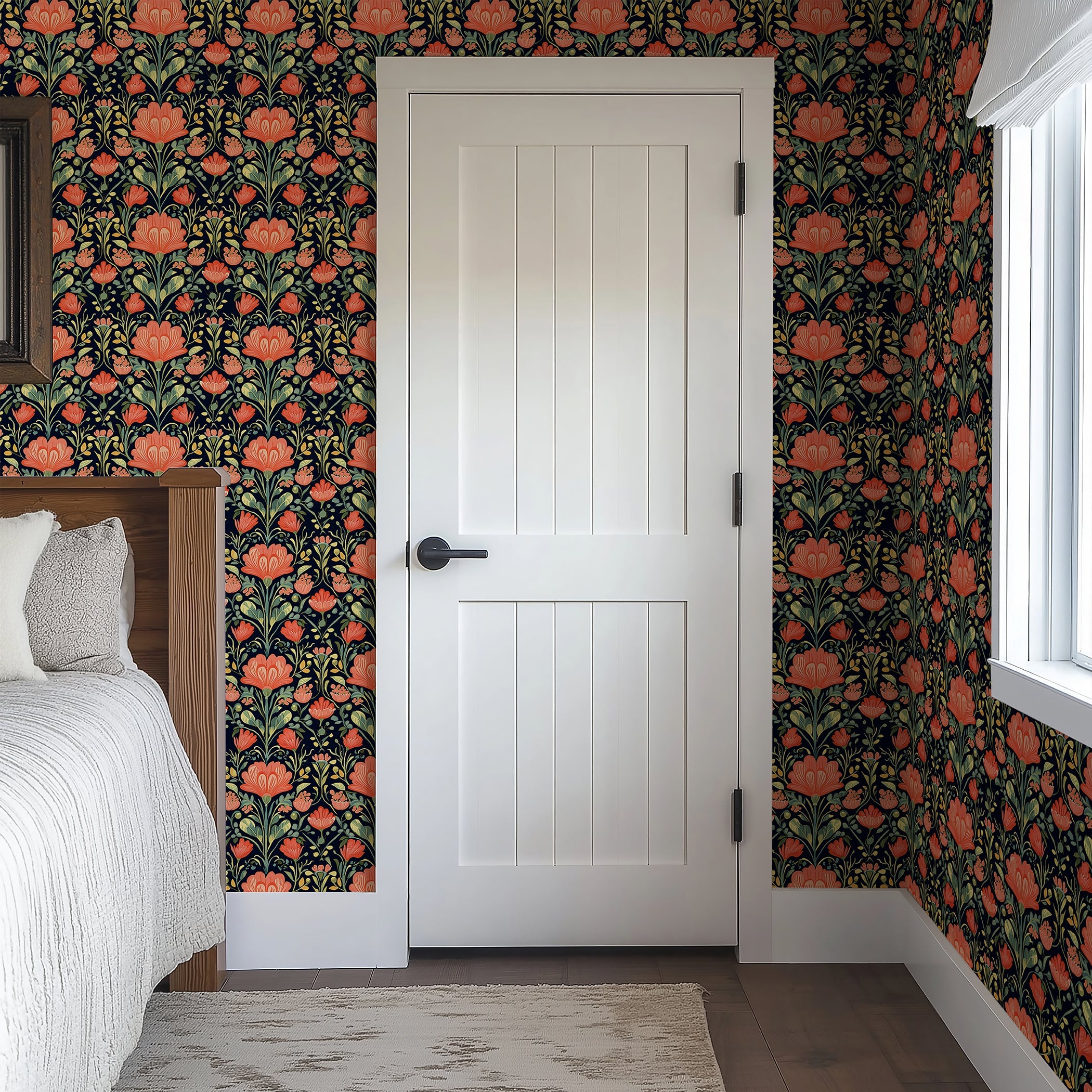 Vibrant floral wallpaper with coral and red flowers on a dark background, perfect for accent walls and full room design, adding lively character.