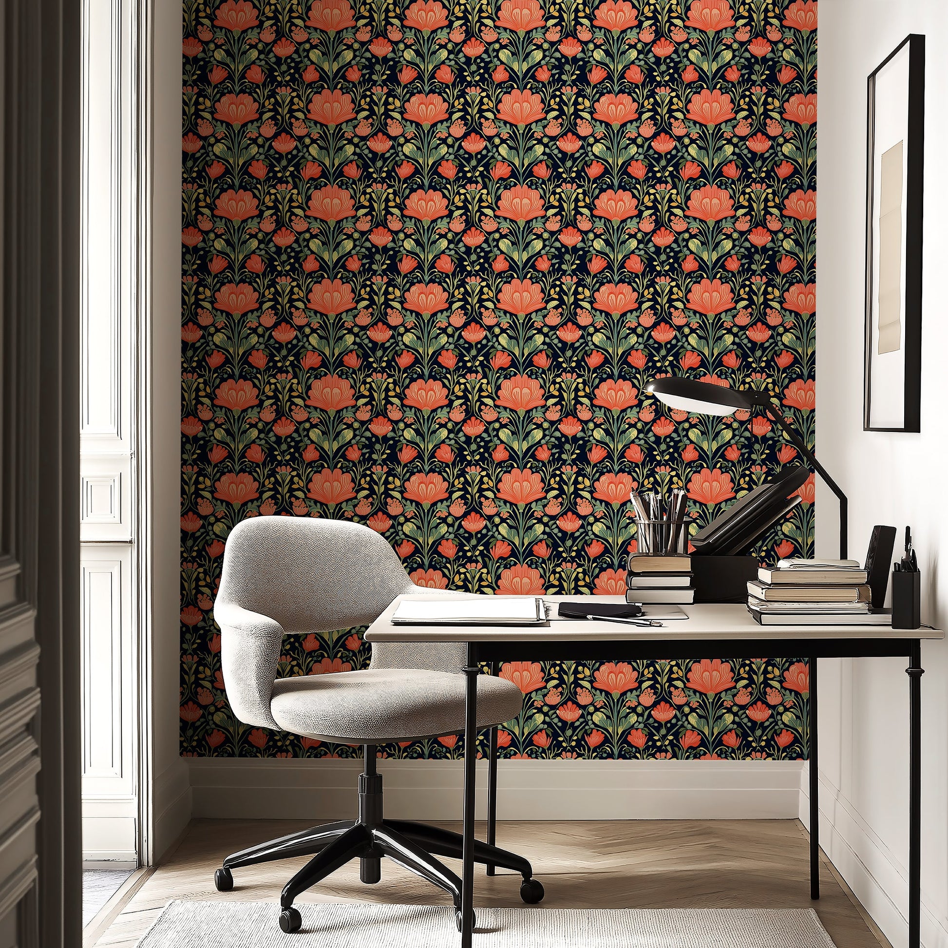 Colorful floral wallpaper with vibrant coral, red, and green flowers on a dramatic dark background in a stylish interior setting.