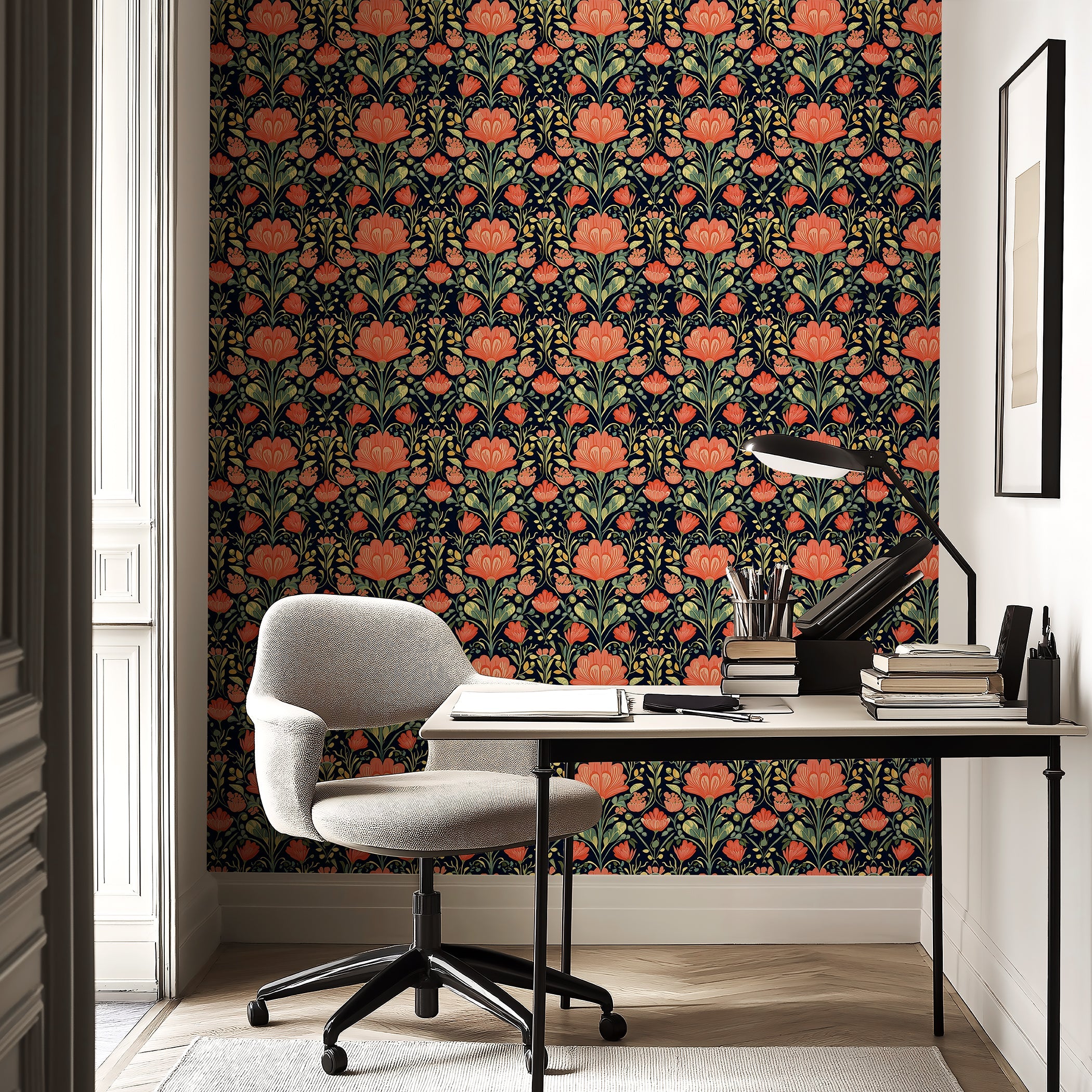 Colorful floral wallpaper with vibrant coral, red, and green flowers on a dramatic dark background in a stylish interior setting.