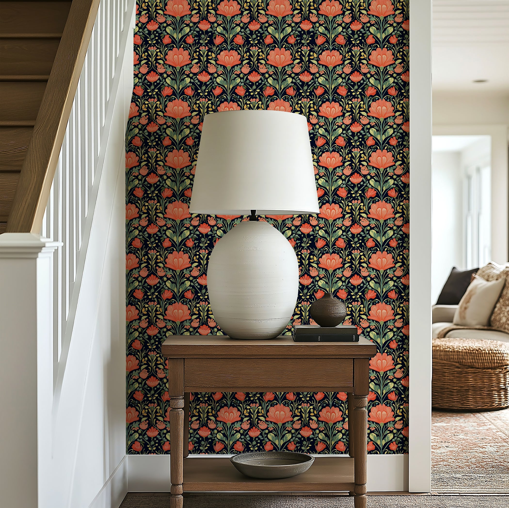 Vibrant floral wallpaper with coral and green flowers on a dark background, adding character to a hallway interior.