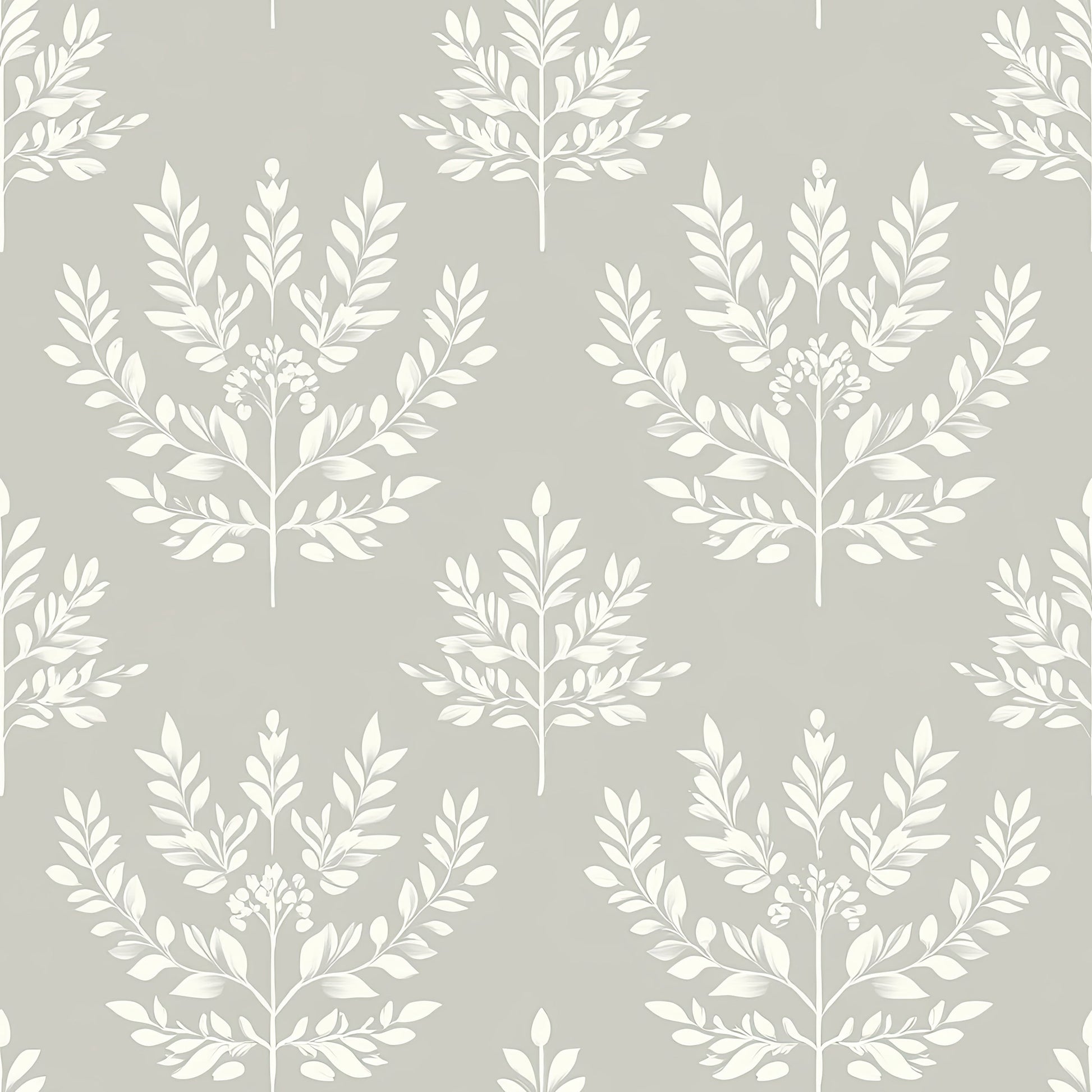 Timeless Botanical Harmony wallpaper with traditional laurel wreaths in ivory on a muted gray background, perfect for tranquil interiors.